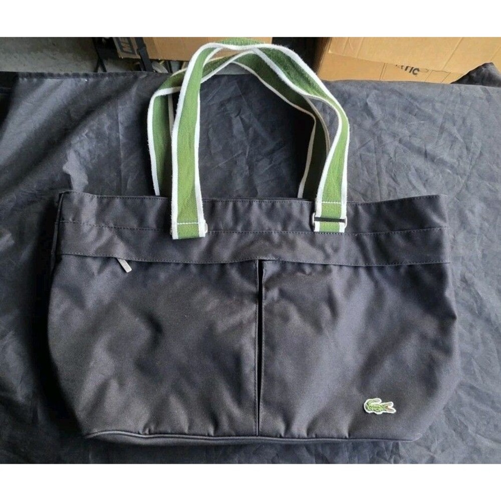 Lacoste Black Nylon Tote Bag Green White Straps Crocodile Logo Zip Top